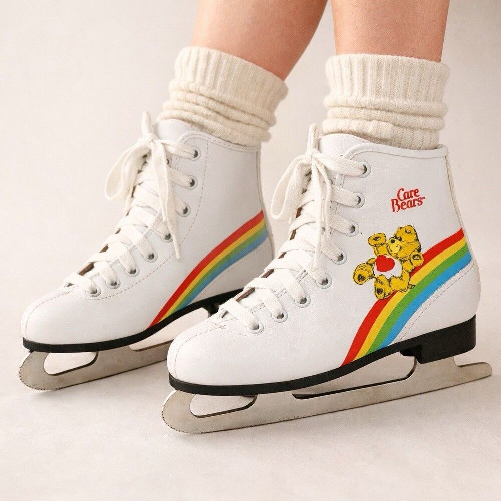 Vintage 1983 Care Bears Ice Skates Kids Size 12J Double Runner Rainbow White